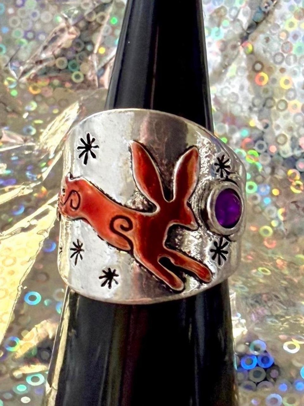 Sterling Silver Red Rabbit Enamel Ring with Purple Stone Size 7